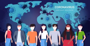 people group in protective masks epidemic MERS-CoV coronavirus flu spreading floating influenza concept wuhan 2019-nCoV pandemic medical health risk world map background portrait horizontal