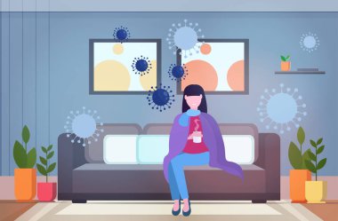 woman feeling sickness epidemic MERS-CoV bacteria floating influenza virus cells wuhan coronavirus quarantine 2019-nCoV pandemic medical health risk living room interior full length horizontal
