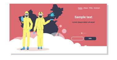 man woman in hazmat suits and protection masks to prevent epidemic MERS-CoV wuhan coronavirus 2019-nCoV pandemic medical health risk chinese map background full length horizontal copy space