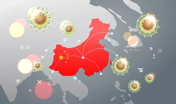 Epidemic MERS-CoV flu spreading of world floating influenza virus cells wuhan coronavirus 2019-nCoV pandemic medical health risk chinese map background horizontal — 图库矢量图片