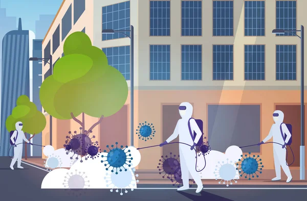 Scientists in hazmat suits cleaning infecting coronavirus cells incipal Mers-Cov virus wuhan 2019-ncov πανδημία κίνδυνος για την υγεία σύγχρονη πόλη δρόμο cityscape background οριζόντια — Διανυσματικό Αρχείο