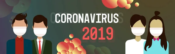Emberek védő maszkok járvány Mers-Cov stop coronavirus koncepció wuhan 2019-ncov baktériumok világjárvány orvosi egészségügyi kockázat portré horizontális — Stock Vector