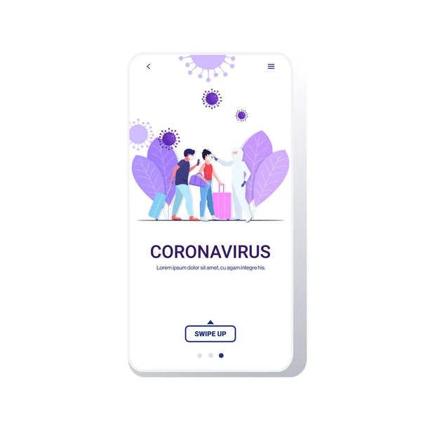 Man in hazmat suit checking airport passengers temperature spreading coronavirus infection epidemic MERS-CoV virus wuhan 2019-nCoV pandemic health risk concept full length mobile app copy space — 스톡 벡터