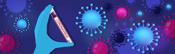 Microbiólogo mano celebración tubo coronavirus muestra biológica para el análisis en laboratorio epidemia MERS-CoV wuhan 2019-nCoV pandemia salud médica riesgo virus células backgrund horizontal — Archivo Imágenes Vectoriales