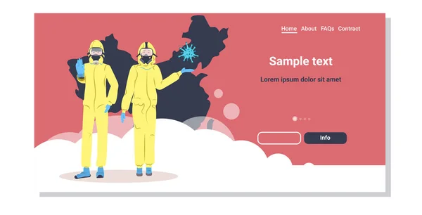 Férfi nő vegyvédelmi ruhák és védőmaszkok járvány megelőzésére Mers-Cov wuhan coronavirus 2019-ncov világjárvány orvosi egészségügyi kockázat kínai térkép háttér teljes hosszúságú vízszintes másolási hely — Stock Vector