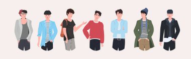 Güzel erkekler bir arada durur çekici erkekler çizgi film karakterleri moda kıyafetleri içinde düz yatay portre