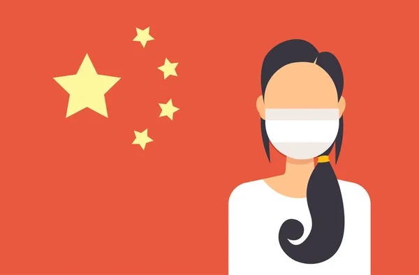 Mulher usando máscara protetora epidemia vírus MERS-CoV wuhan coronavirus 2019-nCoV pandemia saúde médica risco conceito bandeira chinesa fundo retrato horizontal — Vetor de Stock