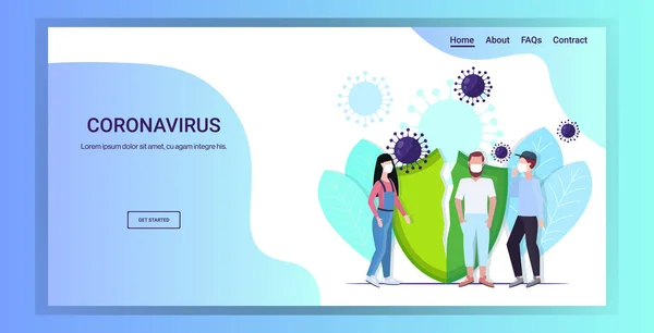 Koruyucu maskeler takan insanlar salgını önlemek için Mers-Cov virüs konsepti wuhan coronavirus 2019 ncov salgın hastalık riski tıbbi sağlık kalkanı tam boy fotokopi alanı yatay — Stok Vektör