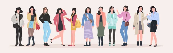 Piękne kobiety grupa stojąc razem atrakcyjne dziewczyny kobiety kreskówki postacie w ubraniu mody pełna długość płaskie poziome — Wektor stockowy