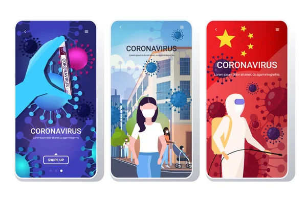 Set epidemie bacterii MERS-CoV care plutesc celulele virusului gripal wuhan coronavirus carantină 2019-nCoV concepte de colectare ecrane smartphone-uri spațiu de copiere a aplicațiilor mobile — Vector de stoc