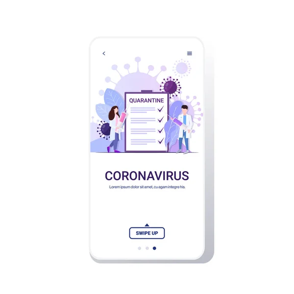 Médicos segurando seringa vacina para evitar epidemia vírus MERS-CoV quarentena wuhan coronavirus 2019-nCoV pandemia risco para a saúde médica tela do smartphone de comprimento total obile app copy space —  Vetores de Stock