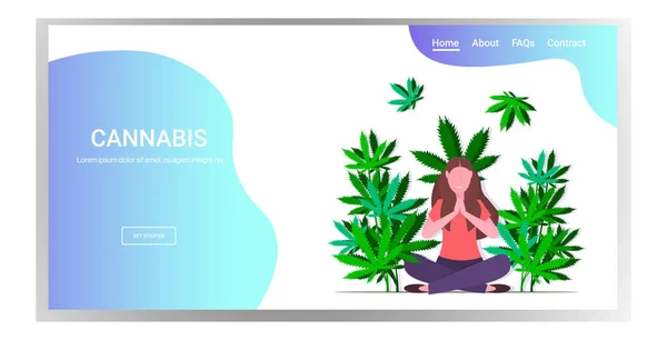 Nő pihentető lótusz pózol marihuána vagy cannabis levelek háttér lány élvezi narkotikus hatás kábítószer-fogyasztás koncepció vízszintes másolási tér teljes hossz — Stock Vector