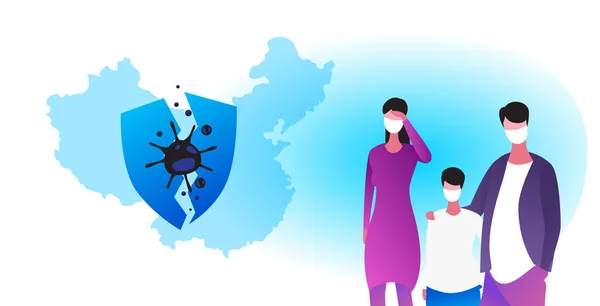 Koruyucu maskeler takan aile, salgın hastalıklı Mers-Cov virüsü kavramını önlemek için wuhan coronavirus 2019-ncov pandemik tıbbi sağlık riski kırık kalkan Çin haritası arka plan portresi — Stok Vektör