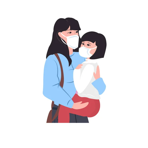 Woman with child wearing masks to prevent epidemic MERS-CoV wuhan coronavirus 2019-nCoV pandemic medical health risk portrait — 스톡 벡터