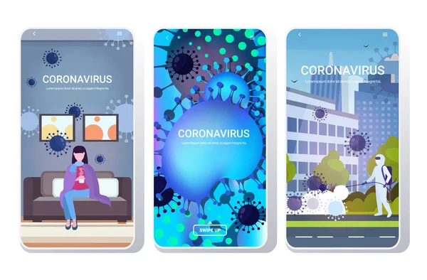 Set epidemic MERS-CoV virus wuhan coronavirus 2019-nCoV pandemic medical health risk concepts collection smartphone screens mobile app full length copy space horizontal — 스톡 벡터