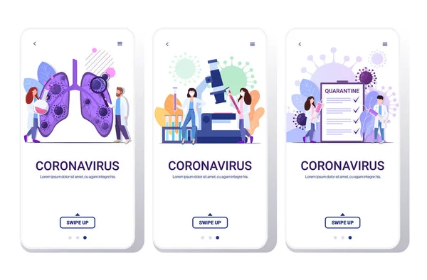 Járvány Mers-Cov wuhan 2019-ncov készlet orvosok ellenőrzése tüdő gazdaság vakcina fecskendő elemzése coronavirus minta okostelefon képernyők gyűjtemény mobil alkalmazás teljes hossz vízszintes — Stock Vector