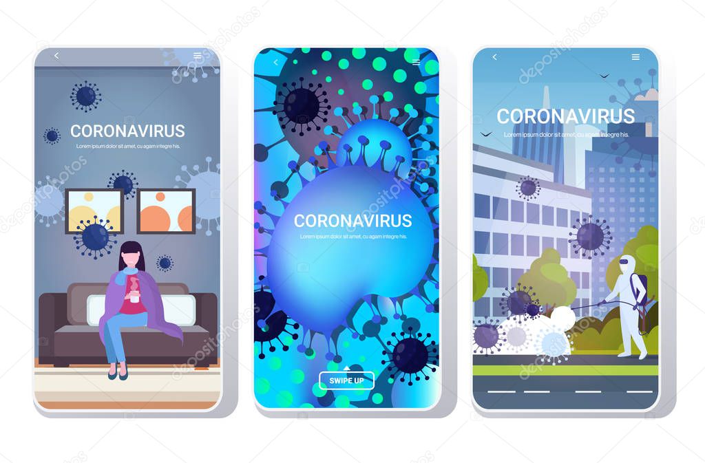 set epidemic MERS-CoV virus wuhan coronavirus 2019-nCoV pandemic medical health risk concepts collection smartphone screens mobile app full length copy space horizontal