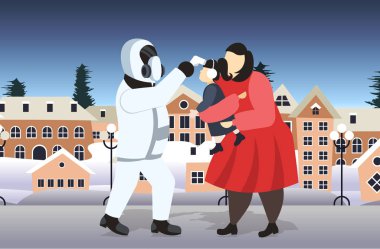 man in hazmat suit checking temperature of mother and daughter walking outdoor coronavirus infection epidemic MERS-CoV virus wuhan 2019-nCoV pandemic health risk concept full length horizontal clipart