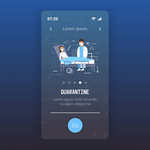 Coronavirus fertőzés kontroll diagnózis koncepció orvos maszk vizsgálata beteg fekvő ágyban járvány Mers-Cov wuhan 2019-ncov karantén koncepció mobil app másolás tér teljes hossz — Stock Vector