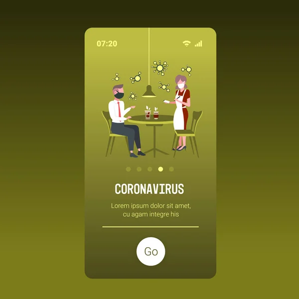 Waitress mengambil pesanan dari klien bertopeng untuk mencegah epidemi MERS-CoV flown influenza wuhan 2019-nCoV pandemic health concept full length smartphone screen mobile app space - Stok Vektor