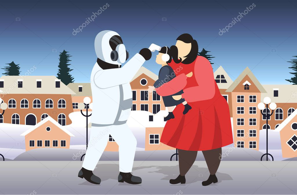 man in hazmat suit checking temperature of mother and daughter walking outdoor coronavirus infection epidemic MERS-CoV virus wuhan 2019-nCoV pandemic health risk concept full length horizontal