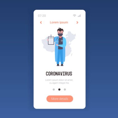 Coronavirus enfeksiyon kontrol tanısı konsepti maskeli doktor pano salgını Mers-Cov wuhan 2019-ncov akıllı telefon ekranı mobil uygulama alanı tam uzunlukta