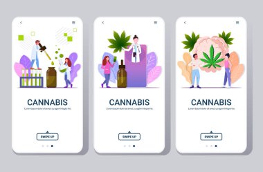 Cbd kenevir yağını test eden insanları beynin yanında duran kenevir yaprağı uyuşturucu tüketim konsepti mobil uygulama akıllı telefon ekranları düz yatay kopyalama alanı