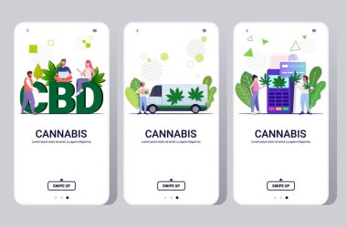 Cbd kenevir yağı kullanan, marihuana getiren, tıbbi esrar alan, uyuşturucu tüketen, mobil uygulama akıllı telefon ekranları toplayan, düz yatay fotokopi alanı kullanan insanlar.
