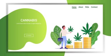 Bir yığın para üzerinde büyüyen kenevir yaprağı bitkileri tutan işadamı marihuana ticareti uyuşturucu tüketimi konsepti tam boy fotokopi alanı yatay konsepti