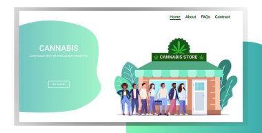 Marihuana mağazası için kuyrukta bekleyen ırk insanlarını karıştır. Organik ürünler cbd ürünleri ot, uyuşturucu tüketim konsepti yatay tam uzunlukta fotokopi alanı satın alır.