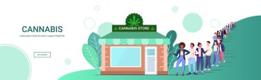 Marihuana mağazası için kuyrukta bekleyen ırk insanlarını karıştır. Organik ürünler cbd ürünleri ot, uyuşturucu tüketim konsepti yatay tam uzunlukta fotokopi alanı satın alır.