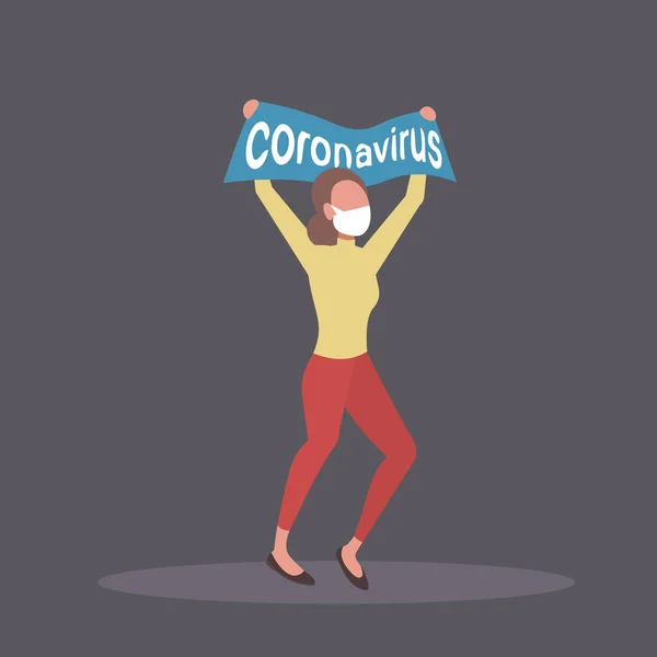 Perempuan MERS-CoV epidemi dalam topeng pelindung memegang banner stop konsep coronavirus wuhan 2019-nCoV pandemic health risk full length vector illustration - Stok Vektor