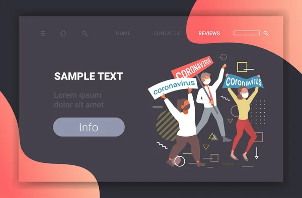 Epidemi Mers-Cov-personer i skyddsmasker som håller banderollen stoppa coronavirus infektionsförebyggande koncept wuhan 2019-ncov pandemisk hälsorisk full längd horisontellt kopieringsutrymme — Stock vektor