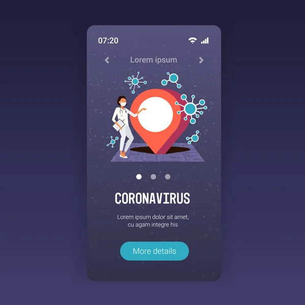 Járvány Mers-Cov orvos mobil navigációs alkalmazás helyét pin betegség elterjedt coronavirus fertőzés wuhan 2019-ncov világjárvány egészségügyi kockázat város térkép teljes hosszúságú másolási hely — Stock Vector
