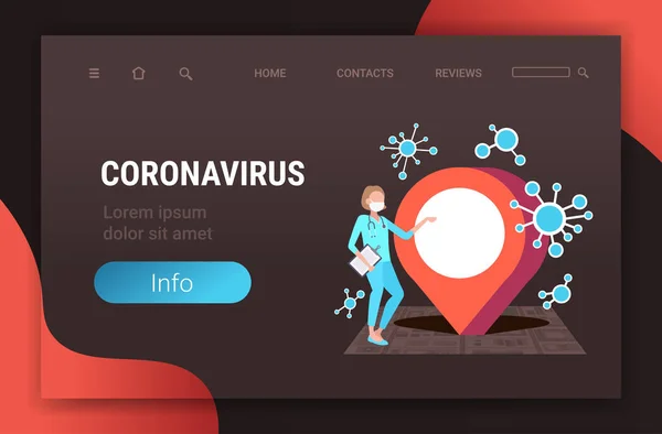 Dokter MERS-CoV epidemik menggunakan aplikasi navigasi mobile penyakit pin lokasi menyebarkan infeksi coronavirus wuhan 2019-nCoV pandemic health risk city map full length copy space horisontal - Stok Vektor