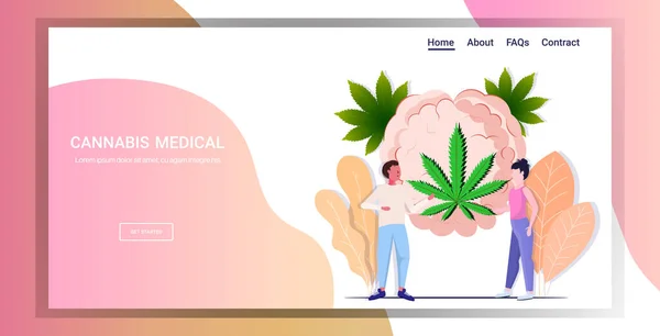 Мужчина женщина стоит рядом с мозгом с листьями конопли влияние курения марихуаны на человеческий мозг Концепция потребления наркотиков горизонтальная плоская полная копия пространство — стоковый вектор