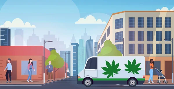 Hemp truck cannabis van on city street drug consumption medical marijuana express delivery concept modern cityscape background horizontal — 스톡 벡터