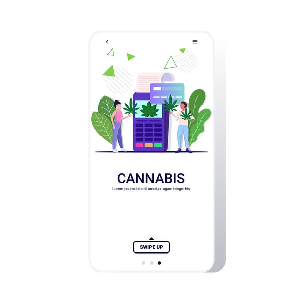 Man kvinna köpa medicinsk cannabis marijuana med pos terminal och kreditkort drogkonsumtion hampa växt beställning koncept mobil app full längd kopia utrymme — Stock vektor