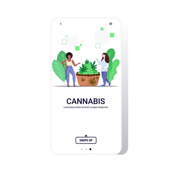 Mix verseny nők közel süti készült marihuána cannabis cupcake gyógyászati ehető kábítószer-fogyasztás koncepció lapos teljes hosszúságú okostelefon képernyő mobil app másolás hely — Stock Vector