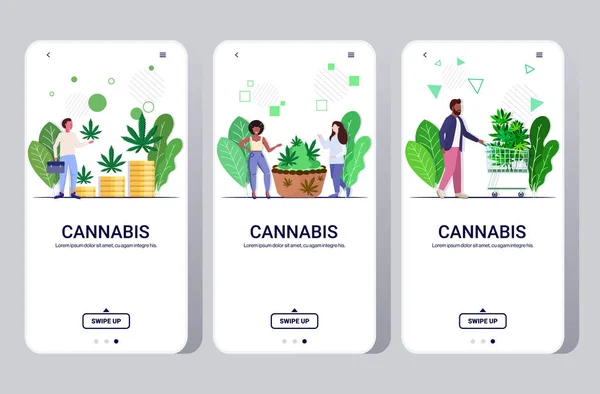 Set emberek eszik cannabis cookie orvosi marihuána kender növények növekvő üzleti kábítószer-fogyasztás koncepció mobil app okostelefon képernyők gyűjtemény teljes hosszúságú horizontális másolási hely — Stock Vector