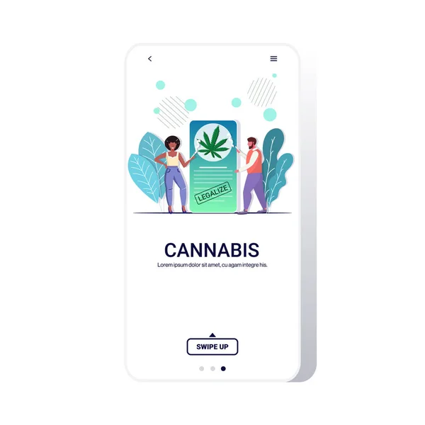Mix verseny pár dohányzás marihuána cannabis közös mobil app kender rendelés legalizálja a kábítószer-fogyasztás koncepció teljes hosszúságú mobil app másolás tér — Stock Vector