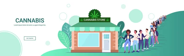 混血儿排队到大麻商店大麻有机商店cbd产品杂草购买毒品消费概念横向全长复制空间 — 图库矢量图片