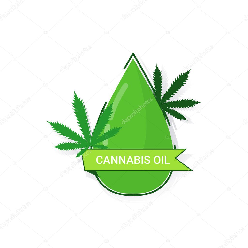 Marijuana leaf sticker cbd oil label hemp ganja cannabis weed badge medical pharmaceutical industry business company logo design flat vector illustration