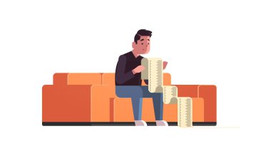 stressed businessman with long tax document debtor shocked by payment bills financial crisis bankruptcy concept bankrupt sitting on sofa worried about paying a lot of money horizontal