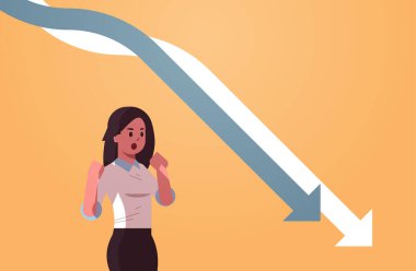 stressful businesswpman looking at falling down economic arrows chart graph financial crisis bankrupt investment failure risk concept portrait horizontal