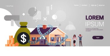 man woman couple looking at bound home by iron chain debt for house financial crisis business of mortgage rates bankruptcy concept horizontal full length copy space