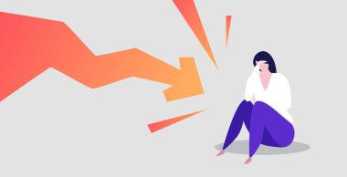 businesswoman frustrated about economic arrow falling down financial crisis bankruptcy investment risk concept stressed business woman holding head chart moving downward full length horizontal