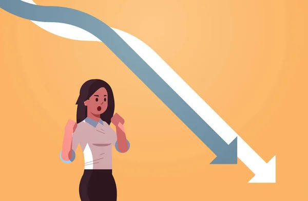 Stressgeplagter Geschäftsmann mit Blick auf fallende wirtschaftliche Pfeile Diagramm Finanzkrise bankrott Investmentbankrott Risiko-Konzept Porträt horizontal — Stockvektor