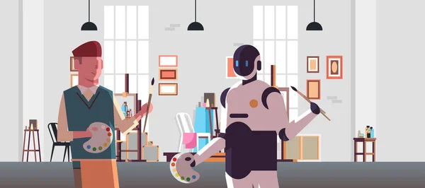 Robotów i malarzy ludzkich posiadających pędzel i paletę charakter robotyczny vs człowiek stojący razem w studiu sztuki sztuczna inteligencja technologia koncepcja płaski portret poziomy — Wektor stockowy