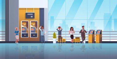 sad people near ATM machine with no money error notification financial crisis transaction denied locked bank credit card bad servise at bank concept horizontal full length